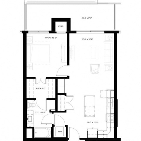 Floor plan for 1 bed, 1 bath, 813 sqft